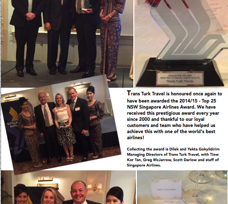Trans Turk Travel Awarded in the Top 25 NSW Travel Agents by Singapore Airlines